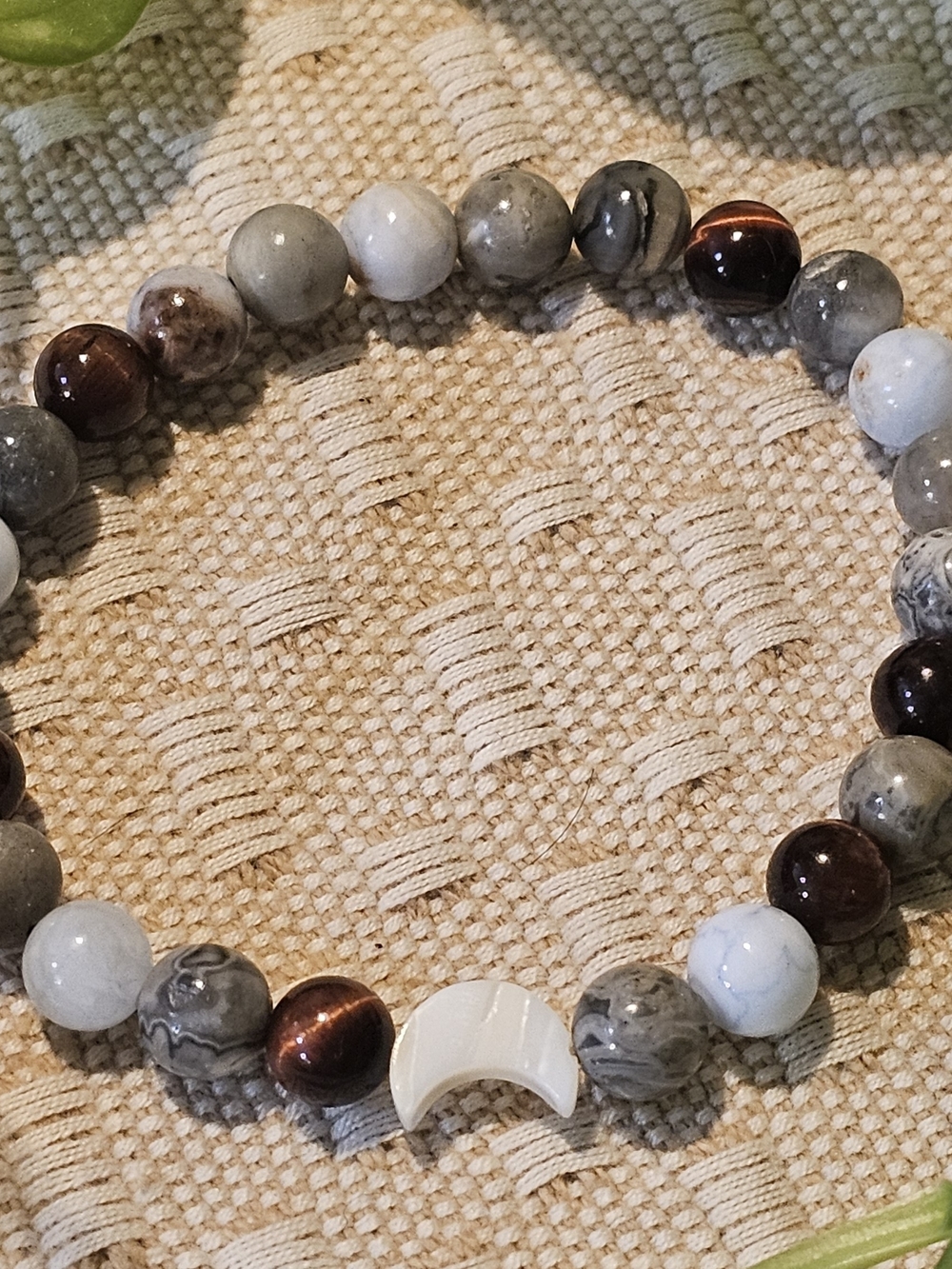 Earth Tone Grounding Bead Bracelet with White Crescent Accent